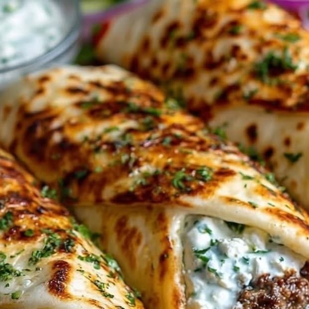 Greek Beef Wraps with Roasted Garlic Feta Sauce