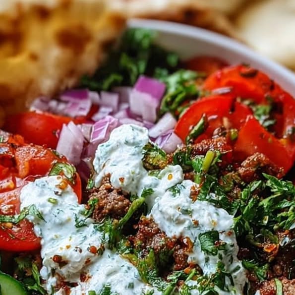 Mediterranean Beef Rice Bowl with Tzatziki
