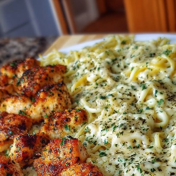 Garlic Parmesan Chicken Bites with Creamy Alfredo Spaghetti