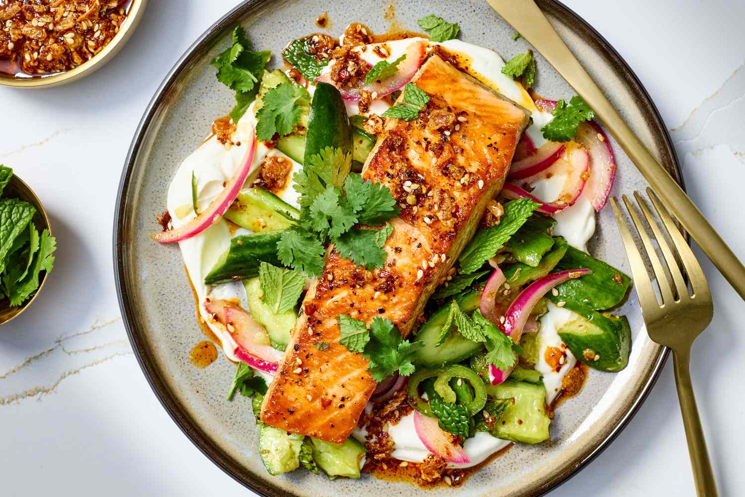 Chile Crunch Salmon with Smashed Cucumber Salad